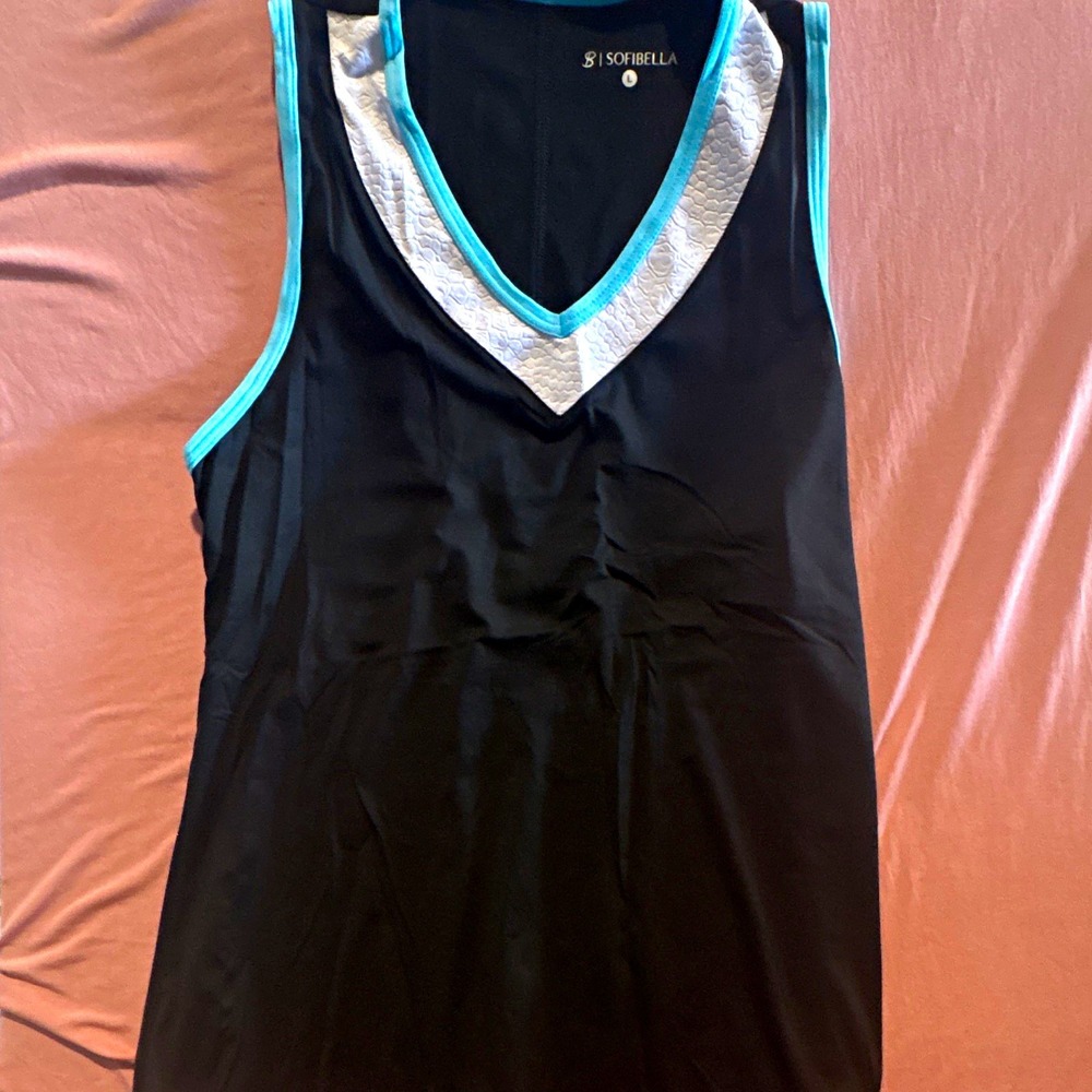 Sofibella Womens Black Blue White V-Neck Stretch Activewear Tank Top Large